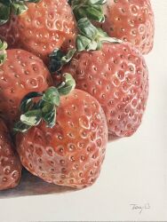 Rule 34 | eyvzi172xqdkvs7, food, fruit, highres, no humans, object focus, original, painting (medium), realistic, shadow, still life, strawberry, sunlight, traditional media, white background