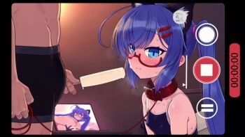 1boy 1girl animal_ears animated bdsm bikini blue_eyes blue_hair blue_one-piece_swimsuit blush cat_ears collar covered_erect_nipples fake_phone_screenshot fake_screenshot fellatio flat_chest food glasses hair_ornament hairclip hetero holding holding_food holding_leash holding_popsicle leash loli long_hair null_(nyanpyoun) one-piece_swimsuit open_mouth oral otomachi_una otomachi_una_(talkex) pet_play phallic_symbol pink_bikini popsicle red_collar saliva saliva_trail sexually_suggestive simulated_fellatio slave sound sweat swimsuit tagme talkex tongue tongue_out twintails video vocaloid