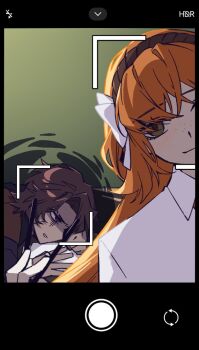 1boy 1girl black_shirt bow brown_hair brown_hairband brown_vest chopsticks closed_mouth collared_shirt freckles green_eyes hair_bow hairband heathcliff_(project_moon) holding holding_chopsticks ishmael_(project_moon) limbus_company liu_association_south_uniform long_hair long_sleeves mercuryhx open_mouth orange_hair parted_bangs project_moon purple_eyes seven_association_south_uniform shirt smile very_long_hair vest viewfinder white_bow white_shirt