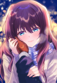 1boy 1girl a-chan_(little_busters!) absurdres alternate_costume backlighting blue_eyes blurry blush breath brown_coat brown_hair brown_mittens christmas closed_mouth coat commentary_request couple depth_of_field eyelashes fingernails grabbing_another&#039;s_arm hair_between_eyes hand_on_another&#039;s_cheek hand_on_another&#039;s_face happy hetero highres holding_hands light_particles lips little_busters! long_hair long_sleeves looking_at_viewer miiizuno_lbs mittens natsume_kyousuke night outdoors plaid_clothes plaid_scarf pov pov_hands scarf sidelocks smile solo_focus straight-on upper_body very_long_hair winter winter_clothes