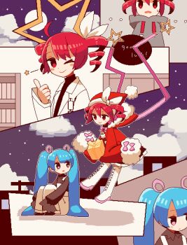 Rule 34 | :o, ;), ahoge, aqua hair, black eyes, black shirt, blunt bangs, blush, blush stickers, boots, bow, building, closed mouth, cloud, coat, collared shirt, commentary, dot nose, drill hair, floating, frown, fur-trimmed hoodie, fur hoodie, fur trim, glasses, grey hoodie, hair between eyes, hair ornament, hair ribbon, hat, hatsune miku, highres, hood, hood down, hoodie, kasane teto, light smile, long hair, long sleeves, looking at another, looking at viewer, looking down, looking to the side, looking up, midoxxrx, night, no nose, on roof, one eye closed, open mouth, pants, pink bow, pink ribbon, pixel art, pov, red eyes, red hair, red hoodie, red sleeves, ribbon, santa costume, santa hat, shadow, shirt, sidelocks, sitting, sleeves past fingers, sleeves past wrists, smile, speech bubble, star (sky), star (symbol), suspender pants, thigh boots, thumbs up, twin drills, twintails, unworn eyewear, utau, vocaloid, white boots, white bow, white coat, white pants, white ribbon, wide sleeves