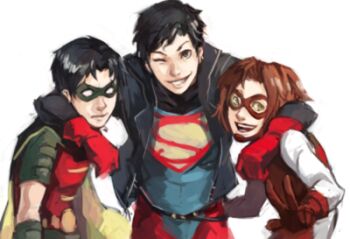 3boys bart_allen batman_(series) belt black_hair blue_eyes bodysuit brown_hair cape dc_comics domino_mask earrings eye_mask flash_(series) gauntlets gloves impulse jacket jewelry kon-el lowres male_focus mask multiple_boys one_eye_closed open_mouth red_gloves robin_(dc) s_shield smile superboy superman_(series) tim_drake v wink yellow_eyes young_justice