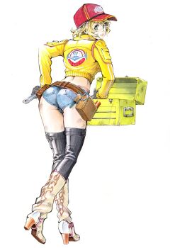 1girl absurdres ass baseball_cap belt black_eyes black_thighhighs blonde_hair boots cidney_aurum commentary dirty dirty_face final_fantasy final_fantasy_xv full_body gloves green_eyes hat high_heel_boots high_heels highres holding jacket knee_boots lips long_sleeves looking_at_viewer looking_back marker_(medium) midriff parted_lips rodrigo_yoshimiya short_hair short_shorts shorts simple_background smile solo square_enix thighhighs thighs tool_belt toolbox tools traditional_media white_boots yellow_jacket