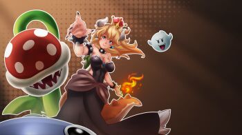 1girl 3others absurdres black_dress blonde_hair blue_eyes boo_(mario) bowsette bracelet breasts brown_background chain_chomp dress earrings fang feet_out_of_frame fire fireball highres horns jewelry large_breasts light262 long_hair long_nails mario_(series) multiple_others nails new_super_mario_bros._u_deluxe nintendo piranha_plant shell simple_background smile spiked_bracelet spikes super_crown tail