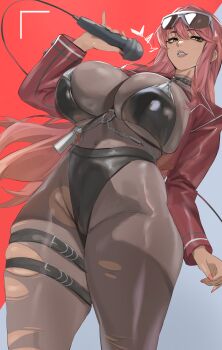 1girl absurdres belt bikini bikini_over_clothes black_bikini black_collar bodystocking breasts chain collar commentary commission covered_navel dark-skinned_female dark_skin english_commentary eyewear_on_head goddess_of_victory:_nikke hair_between_eyes hand_up highres holding holding_microphone huge_breasts jacket leather leather_jacket long_hair looking_at_viewer microphone mixed-language_commentary nail_polish o-ring orange_eyes parted_lips red_hair red_jacket smile solo sunglasses swimsuit taiyang_yu thick_thighs thigh_belt thigh_strap thighs torn_bodystocking torn_clothes two-tone_background very_long_hair volume_(nikke)