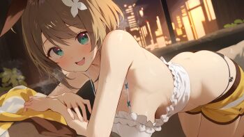 Rule 34 | 1girl, absurdres, aogiri koukou, aqua eyes, ass, black panties, blush, bob cut, breasts, brown hair, butt crack, camisole, commentary, flower, frilled camisole, frills, hair flower, hair ornament, highres, kkix25, kurikoma komaru, large breasts, leaning forward, looking at viewer, open mouth, panties, short hair, shorts, sideboob, smile, solo, sweat, symbol-only commentary, teeth, underwear, upper teeth only, virtual youtuber, white camisole, white flower, yellow shorts