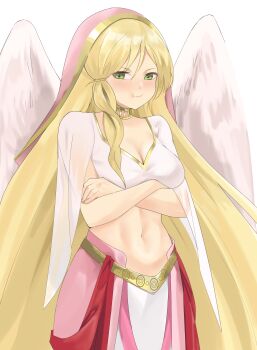 1girl absurdres angel_wings arielsomayikan bird blonde_hair blush breasts choker cleavage closed_mouth commission commissioner_upload crossed_arms dancer feathered_wings fire_emblem fire_emblem:_path_of_radiance fire_emblem:_radiant_dawn fire_emblem_heroes gold_choker gold_trim green_eyes heron highres laguz_(fire_emblem) leanne_(fire_emblem) leanne_(hatari)_(fire_emblem) looking_at_viewer medium_breasts midriff nintendo official_alternate_costume pout solo standing stomach white_background white_wings wings