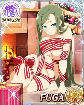 1girl blue_eyes border bound breasts card_(medium) character_name christmas christmas_lights christmas_ornaments christmas_present christmas_tree cleavage_cutout clothing_cutout come_hither english_text fireplace fuga_(senran_kagura) game_cg gift green_hair large_breasts leaning_forward light_blush long_hair looking_at_viewer mole mole_under_eye naked_ribbon nude official_alternate_costume official_art parted_lips ribbon ribbon_bondage senran_kagura senran_kagura_new_wave sitting smile solo swept_bangs wrapped_up