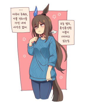 1girl :< admire_vega_(casual)_(umamusume) admire_vega_(umamusume) animal_ears blue_pants blue_sweater brown_hair commentary_request cowboy_shot ear_covers frown galois highres horse_ears horse_girl horse_tail korean_text long_hair low_ponytail pants pink_eyes ponytail single_ear_cover solo sweater tail translation_request umamusume