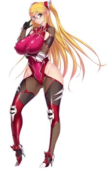 1girl adjusting_eyewear aoi_nagisa_(metalder) bare_shoulders black_gloves blonde_hair bodysuit breasts covered_erect_nipples crossed_arms curvy elbow_gloves enhanced female_focus full_body glasses gloves green_eyes high_heels highres huge_breasts kosaka_shizuru lilith-soft long_hair looking_at_viewer shiny_skin skin_tight smile solo standing taimanin_(series) taimanin_yukikaze taimanin_yukikaze_2 thighhighs transparent_background white_background