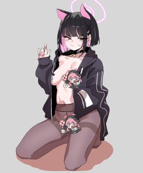 1girl animal_ears arm_at_side black_choker black_hair black_hat black_jacket black_pantyhose black_shirt black_wings blue_archive blunt_bangs bob_cut breasts breasts_apart cat_ears cat_girl censored censored_nipples character_censor choker closed_mouth colored_inner_animal_ears colored_inner_hair commentary crotch_seam drawstring embarrassed extra_ears full_body grey_background hair_ornament hairclip half-closed_eyes halo halo_behind_head hand_up hat head_wings highres hood hood_down hooded_jacket inverted_bob jacket kazusa_(blue_archive) kneeling koharu_(blue_archive) korean_commentary long_sleeves looking_at_viewer low_twintails medium_breasts multicolored_hair naked_jacket navel no_bra no_panties no_shoes no_symbol novelty_censor open_clothes open_jacket pantyhose pendant_choker pink_hair pink_halo red_eyes sailor_collar sailor_shirt samsick sanpaku school_uniform shirt short_hair simple_background single_off_shoulder solo spread_legs stomach sweatdrop thighband_pantyhose toe_seam twintails two-tone_hair unzipped v-shaped_eyebrows wings winter_uniform zipper