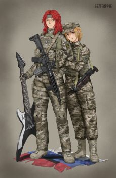 1boy 1girl a_song_of_ice_and_fire absurdres arm_hug assault_rifle azov_battalion beanie blonde_hair blue_hat boots brown_eyes camouflage camouflage_jacket camouflage_pants cargo_pants commission commissioner_upload couple death_(band) digital_camouflage electric_guitar flag_patch galician_division game_of_thrones green_eyes grzegorz1996 guitar gun hairband hand_in_pocket hat hetero highres holding holding_guitar holding_instrument holster instrument jacket kenneth_del_duca knee_pads ks-23 load_bearing_vest long_hair marichka military non-web_source open_mouth original pants red_hair rifle rubizh_regiment russian_flag russo-ukrainian_war serious shotgun smile tactical_gloves thigh_holster tryzub uar-15 ukrainian_flag weapon z_(russian_symbol)
