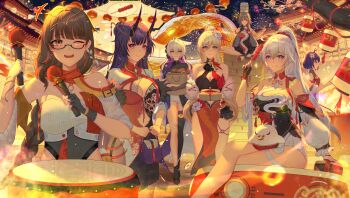 Rule 34 | 6+girls, aerial fireworks, ahoge, architecture, bag, bird, black horns, blonde hair, blue eyes, blue hair, breasts, bronya zaychik, bronya zaychik (heart of the night), bronya zaychik (silverwing: n-ex), brown hair, china dress, chinese clothes, chinese commentary, cleavage, commentary request, crossed legs, diamond-shaped pupils, diamond (shape), dress, drum, drumsticks, durandal (heavenward dragon) (honkai impact), durandal (honkai impact), east asian architecture, entropy (honkai impact 3rd), female dreamseeker (honkai impact), fireworks, food in mouth, glasses, grey hair, herrscher of sentience, high ponytail, highres, holding, holding bag, holding drumsticks, honkai (series), honkai impact 3rd, horns, indian style, instrument, jingwei (bird), kiana kaslana, kiana kaslana (ba-dum! fiery wishing star), lantern, large breasts, leylah (honkai impact), long hair, multicolored hair, multiple girls, night, official alternate costume, one eye closed, outdoors, paper lantern, ponytail, purple eyes, purple hair, qiuqiuku, raiden mei, red dress, red eyes, seele vollerei, sitting, sky lantern, symbol-shaped pupils, two-tone hair, very long hair, white dress, white hair