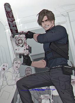 Rule 34 | artist name, beard stubble, black gloves, brown hair, chainsaw, curtained hair, facial hair, gloves, holding, holster, leon s. kennedy, male focus, multiple boys, multiple girls, pants, parted bangs, parted hair, resident evil, sardine (kjr0313), shirt, short hair, shoulder holster, signature, smile, stubble, tight clothes, tight shirt, veins, veiny arms, zombie