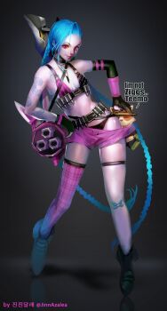 1boy 1girl asymmetrical_clothes asymmetrical_gloves asymmetrical_legwear bandaid bandaid_on_knee bandaid_on_leg bandolier bare_shoulders belt black_gloves braid breasts elbow_gloves flat_chest full_body gloves highres jinnazalea jinx_(league_of_legends) league_of_legends lips long_hair mismatched_gloves mismatched_legwear navel pale_skin plaid_clothes plaid_legwear red_eyes short_shorts shorts single_elbow_glove single_thighhigh skindentation small_breasts standing tattoo teemo thigh_strap thighhighs twin_braids twitter_username very_long_hair