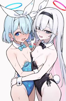 2girls alternate_costume animal_ears areola_slip arona_(blue_archive) bare_arms bare_shoulders black_bow black_bowtie black_eyes black_hairband black_leotard blue_archive blue_bow blue_bowtie blue_eyes blue_halo blush bow bowtie braid breasts colored_inner_hair covered_navel detached_collar embarrassed eyes_visible_through_hair fake_tail hair_between_eyes hair_over_one_eye hair_ribbon hairband halo highleg highleg_leotard highres leotard loli long_hair looking_at_viewer medium_hair multicolored_hair multiple_girls nipple_slip nipples open_mouth pink_hair plana_(blue_archive) playboy_bunny rabbit_ears rabbit_tail red_halo red_pupils ribbon side_braid simple_background single_braid small_breasts smile standing strapless strapless_leotard sweat sweatdrop tail thighs traditional_bowtie very_long_hair white_background white_hair white_hairband white_ribbon wrist_cuffs zepyuros