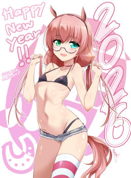 1girl 2026 :d animal_ears aqua_eyes bare_arms bare_shoulders bikini bikini_bottom_under_shorts bikini_under_clothes black-framed_eyewear black_bikini blush breasts brown_hair bunji chinese_zodiac collarbone commentary_request fang glasses green_eyes grey_shorts groin happy_new_year heterochromia highres horse_ears horse_girl horse_tail looking_at_viewer low_twintails micro_shorts navel new_year open_mouth original semi-rimless_eyewear shorts signature single_thighhigh small_breasts small_sweatdrop smile solo striped_clothes striped_thighhighs sweat swimsuit tail thighhighs twintails under-rim_eyewear year_of_the_horse