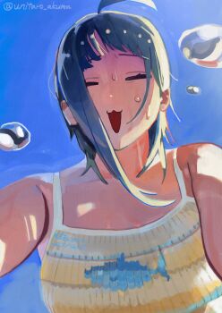 1girl absurdres ahoge backlighting blue_hair closed_eyes highres original reaching reaching_towards_viewer signature sky solo sweat sweatdrop upper_body yu_ni_taro