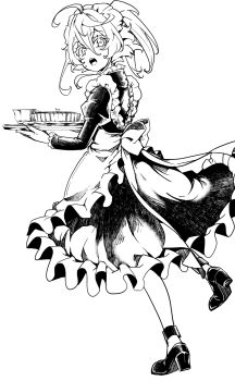 Rule 34 | 1girl, ahoge, alternate costume, apron, back bow, back cutout, bow, cake, clothing cutout, commentary request, cup, dress, enmaided, fingernails, food, frills, from side, hair between eyes, hal (goshujinomocha), hands up, high ponytail, highres, holding, holding tray, huge ahoge, juliet sleeves, long hair, long sleeves, looking at viewer, maid, maid headdress, monochrome, open mouth, plate, ponytail, puffy sleeves, shoes, sidelocks, simple background, solo, standing, standing on one leg, sweatdrop, tanya degurechaff, teacup, teeth, tongue, tray, waist apron, youjo senki