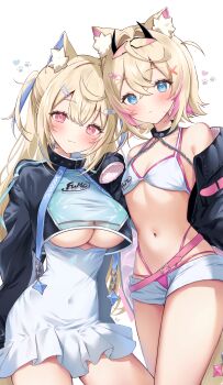 2girls :3 absurdres alternate_costume animal_ear_fluff animal_ears bandaid bandaid_hair_ornament bare_shoulders belt bikini bikini_bottom_under_shorts bikini_under_clothes black_jacket blonde_hair blue_dress blue_eyes blue_hair blush breasts chain clothes_writing clothing_cutout coat collar commentary covered_navel cowboy_shot crossed_bangs dog_ears dog_girl dog_tail dress flat_chest frilled_dress frills fuwawa_abyssgard gradient_clothes gradient_dress hair_between_eyes hair_ornament heart highleg highleg_bikini highres hololive hololive_english horns jacket large_breasts long_hair mococo_abyssgard multicolored_hair multiple_girls navel neru5 official_alternate_costume open_fly paw_print pink_belt pink_bikini pink_eyes pink_hair short_hair short_shorts shorts siblings signature simple_background sisters sleeves_past_fingers sleeves_past_wrists smile streaked_hair swimsuit tail thighs twins two_side_up underboob underboob_cutout virtual_youtuber white_background white_bikini white_dress white_shorts x_hair_ornament