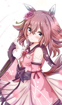 Rule 34 | 1girl, animal ears, blue eyes, blush, breasts, brown hair, closed mouth, commentary request, detached sleeves, ear covers, fingerless gloves, flower, gloves, hair between eyes, hair flower, hair ornament, highres, horse ears, horse girl, horse tail, japanese clothes, kimono, looking at viewer, medium hair, petals, pink hair, pink kimono, pink skirt, pink sleeves, sakura chiyono o (strength in full bloom) (umamusume), sakura chiyono o (umamusume), simple background, skirt, smile, solo, sugi (user nash8444), tail, umamusume