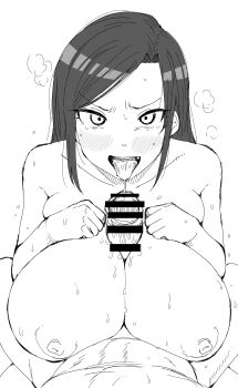 1boy 1girl absurdres bar_censor breasts censored commentary_request foreskin greyscale hetero highres huge_breasts idolmaster idolmaster_cinderella_girls kaiman_garupan long_hair looking_at_viewer monochrome mukai_takumi nipples nude paizuri penis saliva solo_focus tongue tongue_out