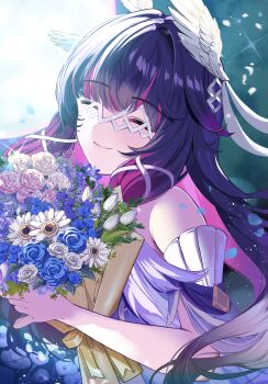 Rule 34 | 1girl, ^ ^, absurdres, bare shoulders, blue flower, blue rose, bouquet, closed eyes, closed mouth, columbina (genshin impact), commentary, dress, feathered wings, flower, genshin impact, head wings, highres, holding, holding bouquet, long hair, multicolored hair, pink flower, pink hair, pink rose, purple hair, rererere mon, rose, short sleeves, smile, solo, streaked hair, tulip, two-tone hair, upper body, white dress, white flower, white tulip, white wings, wings