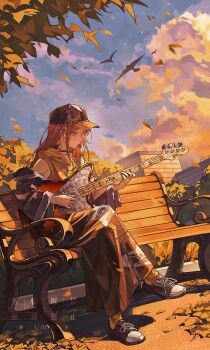 1girl absurdres autumn autumn_leaves bang_dream! bang_dream!_it's_mygo!!!!! baseball_cap bass_guitar braid brown_hair brown_skirt chinese_commentary cloud commentary_request crossed_legs day esp_guitars falling_leaves guitar hat highres instrument leaf long_skirt nagasaki_soyo on_bench outdoors playing_guitar playing_instrument shoes simple_bird single_braided_sidelock sitting skirt sneakers socks solo umie_(iowae) watermark yellow_socks