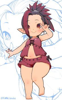 1girl a-maki_tasuke absurdres babydoll black_hair commentary commission earrings english_commentary final_fantasy final_fantasy_xiv flat_chest full_body highres jewelry lalafell loli mismatched_earrings multicolored_hair navel orange_eyes pear-shaped_figure pointy_ears ponytail red_babydoll red_hair red_shorts short_shorts shorts skeb_commission solo streaked_hair thick_thighs thighs twitter_username two-tone_hair v warrior_of_light_(ff14) wide_hips