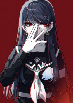 1girl adjusting_eyewear armband belt black_hair black_shirt chromatic_aberration commentary_request earrings eyelashes eyeliner film_grain glasses gloves hair_ornament hairclip highres jewelry last_defense_academy_school_uniform long_hair long_sleeves makeup neckerchief pale_skin rectangular_eyewear red_background red_eyeliner red_eyes sailor_collar sailor_shirt school_uniform semi-rimless_eyewear sgawarananto shirt shizuhara_hiruko simple_background solo the_hundred_line_-last_defense_academy- triangle_earrings turtleneck upper_body white_armband white_belt white_gloves white_neckerchief