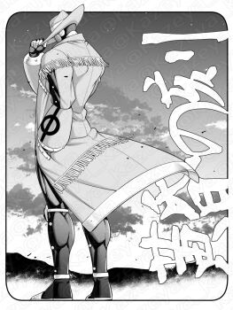 Rule 34 | 1boy, cowboy, cowboy fringe, cowboy hat, cyborg, from behind, hat, hat tip, highres, kazeya kazuya, kinnikuman, long coat, mask, pessimiman, solo, translated, twitter username, western