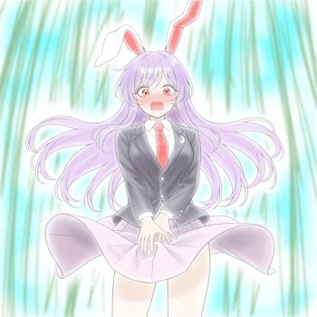 1girl absurdres animal_ears bamboo bamboo_forest black_jacket blazer blush buttons collared_shirt commentary_request crescent crescent_pin embarrassed forest highres jacket long_hair long_sleeves nature necktie open_mouth outdoors pink_skirt purple_hair rabbit_ears rabbit_girl red_eyes red_necktie reisen_udongein_inaba shirt skirt solo touhou user_axzy2338 very_long_hair white_shirt wind wind_lift