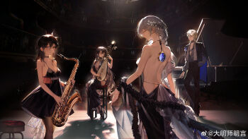 1boy 3girls absurdres backless_dress backless_outfit black_hair brown_hair center_opening chair cleavage_cutout closed_eyes clothing_cutout concert damingshimingyan dress eos_(argent_bergamasque)_(neural_cloud) eos_(neural_cloud) evening_gown from_behind gin_(neural_cloud) girls&#039;_frontline girls&#039;_frontline_neural_cloud grand_piano hatsuchiri_(brass_bolero)_(neural_cloud) hatsuchiri_(neural_cloud) highres holding holding_instrument holding_saxophone instrument light_particles looking_at_viewer multiple_girls music official_alternate_costume official_art on_chair piano pipa_(instrument) playing_instrument saxophone sitting souchun_(neural_cloud) stage stool type_64_(girls&#039;_frontline) watermark weibo_username weibo_watermark white_hair