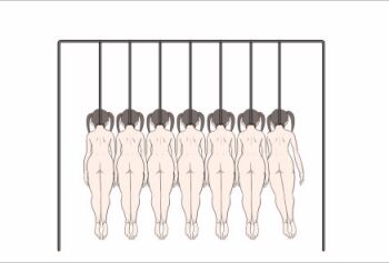 6+girls animated animated_gif arms_at_sides asphyxiation ass back barefoot borusen brown_hair completely_nude corpse death execution from_behind full_body hanged legs_together long_hair lowres multiple_girls newton&#039;s_cradle noose nude original rope simple_background soles swinging twintails ugoira what white_background