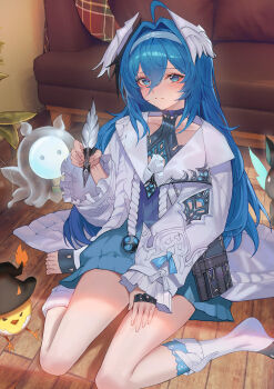 1girl absurdres ahoge baby_animal bird black_hat blue_dress blue_eyes blue_hair blush book chick commentary couch dress duet_night_abyss fina_(duet_night_abyss) fingerless_gloves gloves hairband hand_on_own_leg hat head_wings highres holding holding_quill indoors jacket leaf legs molyb on_ground pegasus quill sitting smile socks split_mouth thighs wariza white_jacket white_socks wings wooden_floor