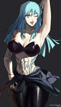 1girl arm_behind_head arm_tattoo armpits black_background black_pants blue_eyes blue_hair breasts collarbone commentary commission devil_summoner:_soul_hackers devil_summoner_(series) english_commentary eyelashes highres large_breasts madoro_q nemissa one_eye_closed pants simple_background solo stomach_tattoo tattoo tongue tongue_out vgen_commission