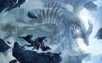 armor bird cathiane coat cold dragon feathers frozen gloves highres holding horns ice jin_dahaad kaiju monster monster_focus monster_hunter_(character) monster_hunter_(series) monster_hunter_wilds riding riding_animal riding_bird seikret_(monster_hunter) sitting_on_animal snow snowing tail tools weapon wings winter_clothes winter_coat wyvern