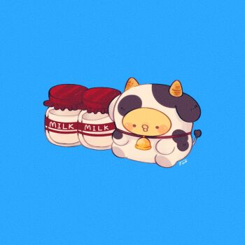 animal animal_costume animal_focus baby_animal bell bird blue_background chick chicken commentary cow_costume jar kimipiyo_(tenmiyakiyo) milk neck_bell no_humans original symbol-only_commentary tenmiyakiyo