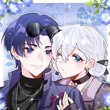 1boy 1girl alternate_costume aviator_sunglasses black_choker black_shirt blue_eyes blue_flower blunt_ends blush border brooch casual chain chain_necklace choker closed_mouth contemporary couple earrings eyelashes eyeliner eyeshadow eyewear_on_head floral_background flower fur-trimmed_jacket fur_collar fur_trim gem genshin_impact gift_art glint gold_earrings grey_jacket hair_between_eyes half_crown_braid hand_on_another&#039;s_shoulder hetero highres jacket jewelry kami_kakari lens_flare looking_at_another looking_at_viewer makeup necklace o3o oc_x_canon one_eye_closed open_clothes open_jacket original pink_gemstone purple_eyes purple_hair purple_jacket red_eyeliner red_eyeshadow scaramouche_(genshin_impact) second-party_source shirt short_hair silver_necklace sleeves_past_wrists smile sunglasses tsurime turtleneck turtleneck_shirt white_border white_hair