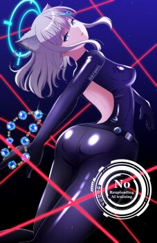 alternate_costume animal_ear_fluff animal_ears arched_back ass back_cutout belt blue_archive blue_halo bodysuit breasts clothing_cutout commentary_request cosplay dark_background goddess_of_victory:_nikke hair_ornament hairclip halo highres jewelry laser latex latex_bodysuit medium_breasts quency_(escape_queen)_(nikke) quency_(nikke) quency_(nikke)_(cosplay) shiny_clothes shiroko_(blue_archive) skin_tight white_hair yutagarasu