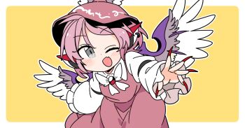 1girl ;d animal_ears bird_ears bird_girl bird_wings blush border brown_dress brown_hat collared_shirt commentary cowboy_shot dot_nose dress earrings fingernails grey_eyes hat ini_(inunabe00) jewelry long_fingernails long_sleeves looking_at_viewer mystia_lorelei nail_polish one_eye_closed open_mouth outline outside_border pink_hair red_nails shirt short_hair simple_background single_earring sleeve_garter smile solo touhou white_border white_outline white_shirt winged_hat wings yellow_background