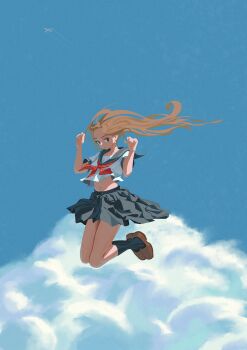 Rule 34 | 1girl, aircraft, airplane, black skirt, black socks, blue sailor collar, blue sky, brown hair, brown shoes, clothes lift, cloud, cloudy sky, commentary request, contrail, day, expressionless, floating, floating hair, full body, highres, midair, navel, original, outdoors, partial commentary, pleated skirt, robotkiri, sailor collar, school uniform, shirt, shirt lift, shoes, skirt, skirt lift, sky, socks, summer uniform, thighs, white shirt, wind, wind lift