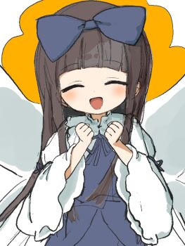1girl black_hair blue_bow blue_dress blunt_bangs bow clenched_hands closed_eyes cowboy_shot dress fairy_wings hair_bow hands_up highres long_hair long_sleeves open_mouth smile star_sapphire the_okashi touhou white_sleeves wide_sleeves wings