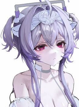 8x9_1t :&lt; absurdres ahoge breasts cleavage closed_mouth collarbone detached_sleeves dot_nose dress goddess_of_victory:_nikke hair_between_eyes hairband highres large_breasts liberalio_(nikke) long_hair pink_eyes purple_hair short_twintails sidelocks simple_background solo twintails white_background white_dress white_hairband