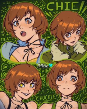 Rule 34 | 2girls, artist name, bare shoulders, brown eyes, brown hair, character name, closed mouth, commentary, dual persona, english commentary, grey background, grin, hatidraw, multiple girls, multiple views, open mouth, persona, persona 4, persona 4 revival, satonaka chie, shadow chie, short hair, smile, yellow eyes