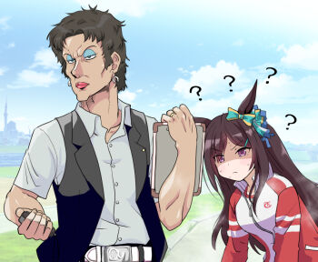 Rule 34 | 1girl, 1other, ?, animal ears, bow, breasts, brown hair, commentary request, ear bow, ear covers, ear ornament, ear ribbon, horse ears, horse girl, jacket, kotojima motoki, long hair, mejiro dober (umamusume), purple eyes, red jacket, red track suit, tracen training uniform, track jacket, track suit, trainer (umamusume), umamusume