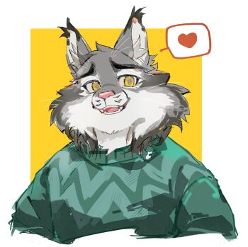1boy animal_ears cat_boy cat_ears fangs furry furry_male green_sweater heart highres looking_at_viewer male_focus open_mouth pawbert_lynxley shnchm123120_(pon_ruan) speech_bubble spoken_heart sweater upper_body whiskers zootopia