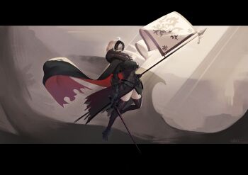 1girl absurdres ahoge armor armored_dress battle_standard breasts cape commentary_request dress fate/grand_order fate_(series) flag floating_cape fur-trimmed_cape fur_trim gauntlets grey_hair headpiece highres holding holding_flag jeanne_d'arc_alter_(avenger)_(fate) jeanne_d'arc_alter_(fate) katsu_(katsuslider) la_grondement_du_haine large_breasts plackart standard_bearer thighhighs war_flag yellow_eyes