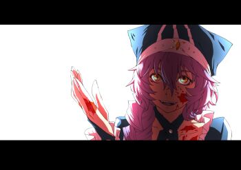 1girl artist_request blood blood_on_face blood_on_hands hat looking_at_viewer lupusregina_beta maid overlord_(maruyama) red_hair sharp_nails slit_pupils smile werewolf yellow_eyes