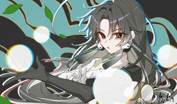 1girl :o arm_belt artist_name black_background black_eyes black_hair black_robe chinese_commentary chromatic_aberration commentary curtained_hair earrings forehead from_side highres jewelry jianxin_(wuthering_waves) kylin_47 leaf long_hair looking_at_viewer open_mouth parted_bangs robe signature solo split-color_clothes tassel tassel_earrings turtleneck upper_body watermark weibo_username weibo_watermark white_robe wuthering_waves yin_yang yin_yang_earrings